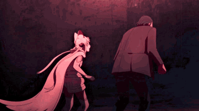 a man in a suit and a woman with long white hair are walking in a dark room