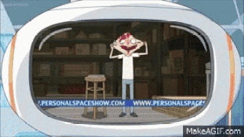 a cartoon character is standing in front of a screen that says personalspaceshow.com on it