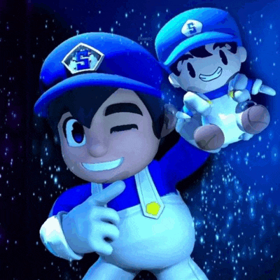 a cartoon character in a blue hat is holding a stuffed toy .