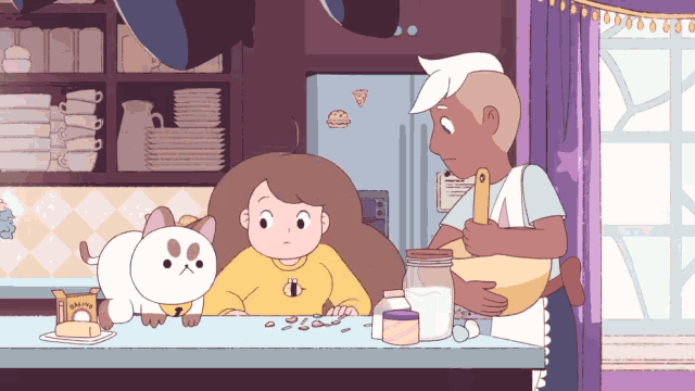 a cartoon of a girl and a cat in a kitchen with a bag of oatmeal on the counter