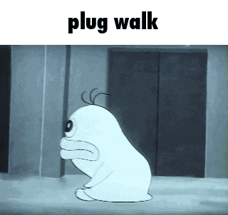 a cartoon character is walking in front of an elevator with the words plug walk above him .
