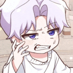 a close up of a cartoon character with purple hair and blue eyes talking on a cell phone .