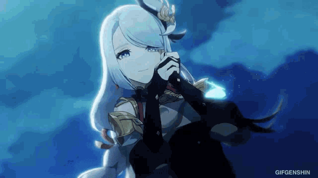 a girl with long white hair and blue eyes is standing in front of a blue sky in a video game .
