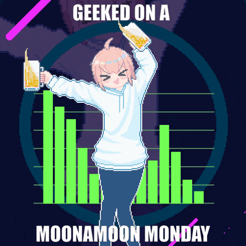 a geeked on a moonamoon monday poster with a girl holding a beer mug