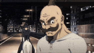 a man with a mustache and a bald head is standing next to a woman on a horse .