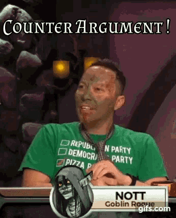 a man with a mask on his face is sitting in front of a sign that says counter argument !
