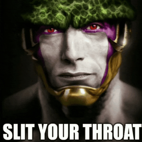a picture of a man with a helmet on and the words slit your throat on the bottom