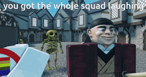 a cartoon character with the words you got the whole squad laughing above him