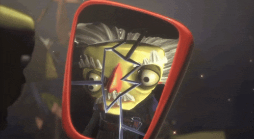 a cartoon character is looking at himself in a red mirror