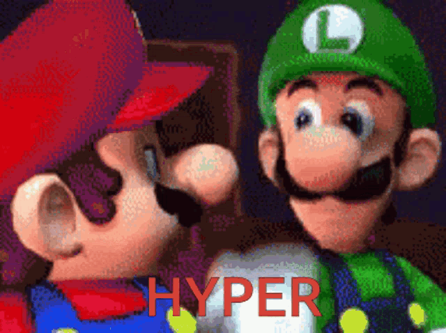 mario and luigi are standing next to each other with the word hyper in red