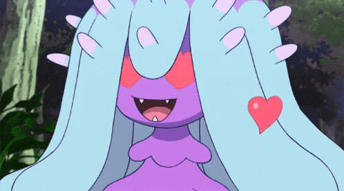 a purple and blue cartoon character with a heart on her chest