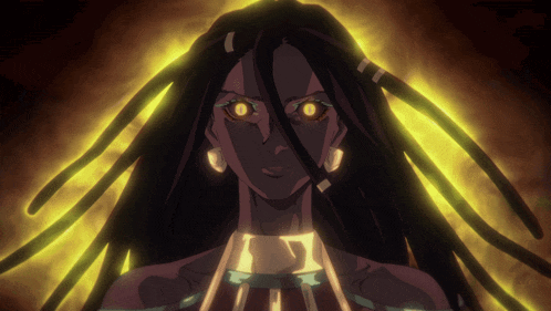a woman with dreadlocks has glowing eyes and a necklace around her neck