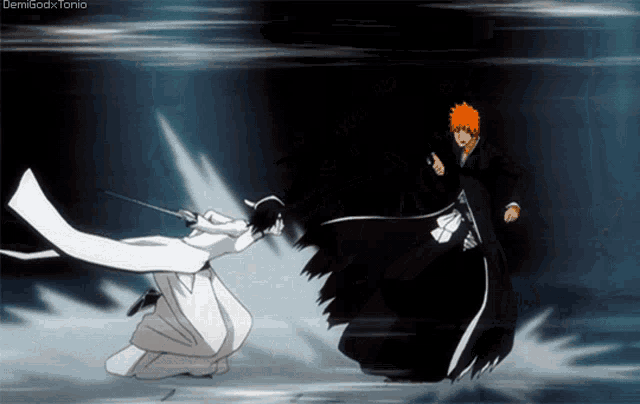 two anime characters are fighting each other with demigods tonio written in the bottom right corner