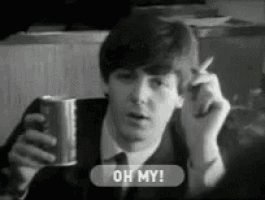 a black and white photo of a man smoking a cigarette and holding a can of soda with the caption oh my