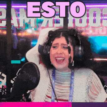 a woman wearing headphones is screaming in front of a microphone with the words esto written above her