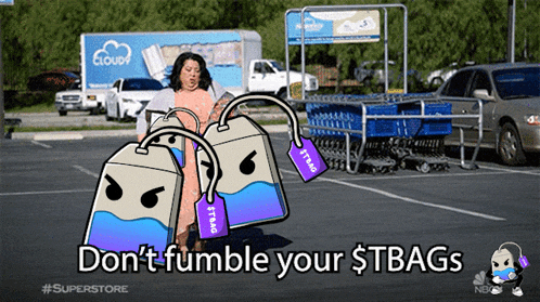 a cartoon of a woman carrying a bag that says ' tbag ' on it