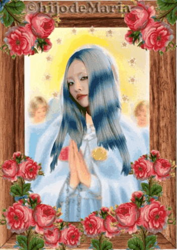 a framed picture of a woman with blue hair is surrounded by roses