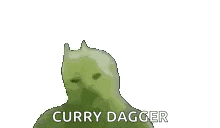 a green monkey is making a curry dagger gesture with his hands .