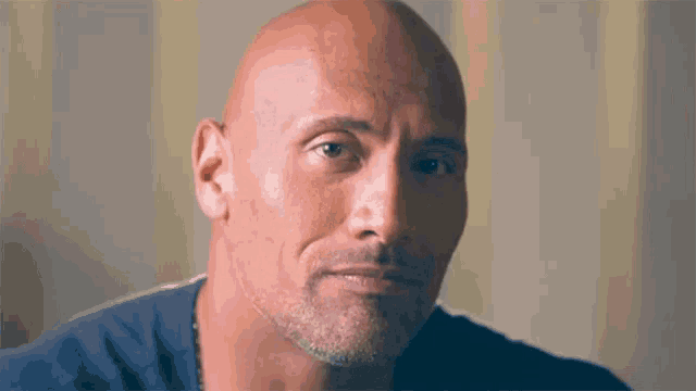a bald man with a beard wearing a blue shirt looks at the camera