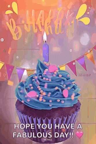 a birthday card with a cupcake with blue frosting and a lit candle