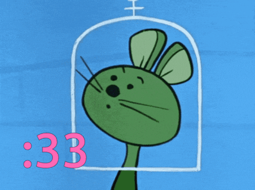 a cartoon of a green mouse in a cage with the time 3:33