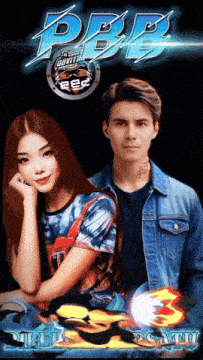 a man and a woman standing next to each other on a poster that says pbb