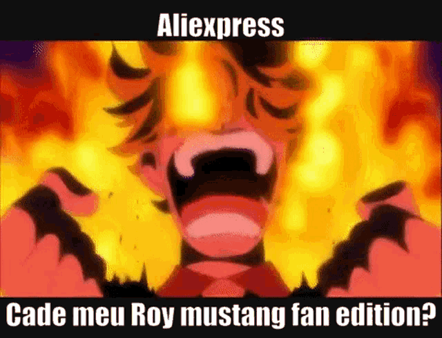 a man is screaming in front of a fire with the words `` aliexpress cade meu roy mustang fan edition '' below him .