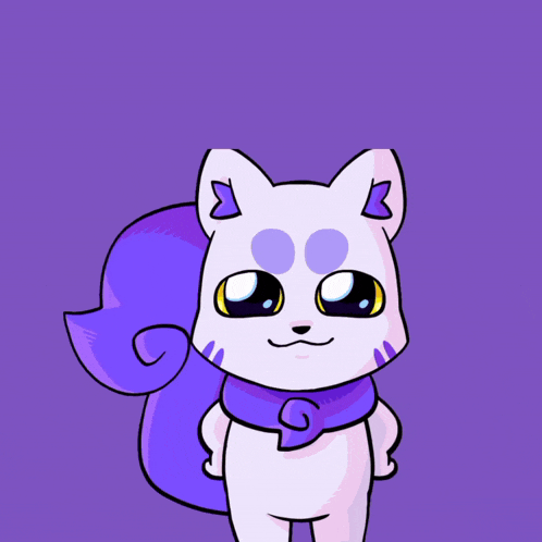 a cartoon cat with a purple tail and the word gmeow behind it