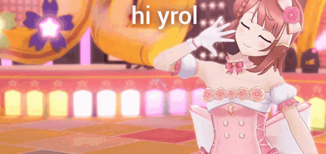 a girl in a pink dress is standing on a stage and says hi yrol .