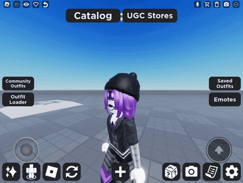a girl with purple hair is standing in front of a screen that says catalog