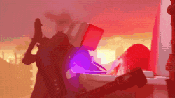 a silhouette of a person holding a gun in front of a window with a sunset in the background .