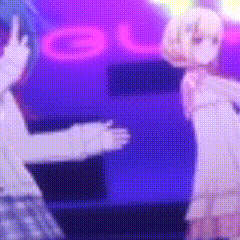 two anime dolls are dancing in front of a purple sign that says gu .