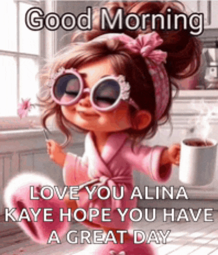 a girl in a bathrobe is holding a cup of coffee and a flower .