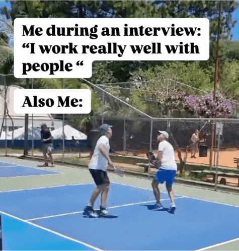 two men playing tennis on a court with a caption that says " me during an interview "