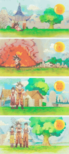 a collage of four images of a cartoon scene with a dragon ball in the middle