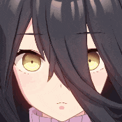 a close up of a girl 's face with long hair and yellow eyes