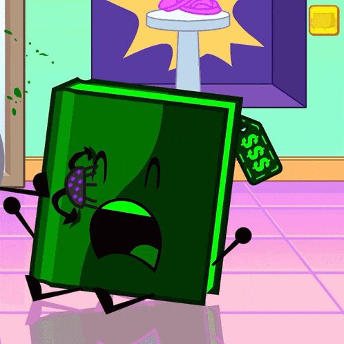 a cartoon drawing of a green box with a tag that says $ on it
