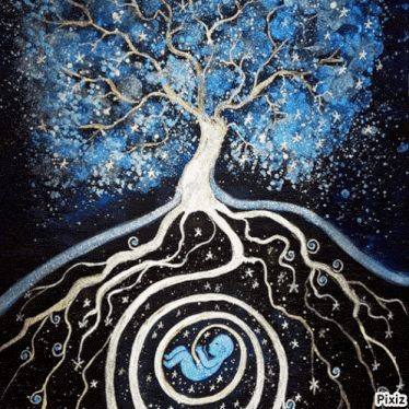 a painting of a tree with roots and a baby in it