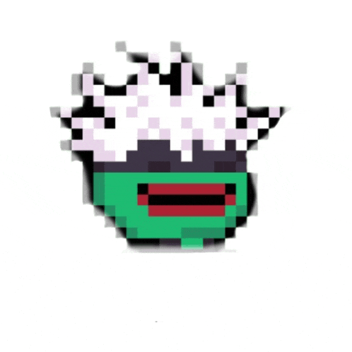 a pixel art drawing of a person with a crown on their head and a red mouth .