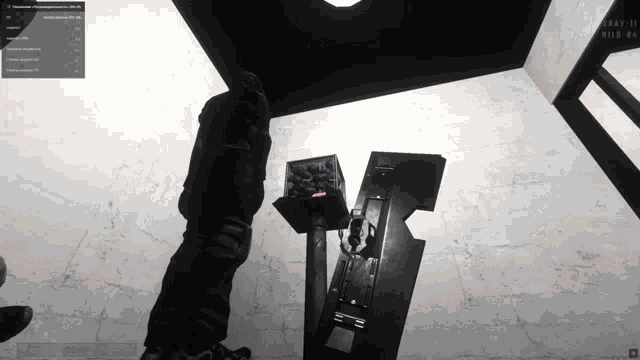 a screenshot of a video game shows a person standing next to a black object