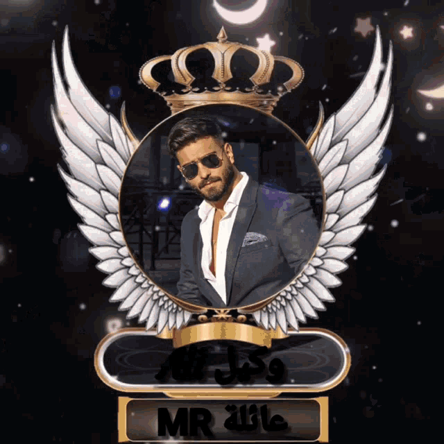a man in a suit and sunglasses is surrounded by wings and a crown with the name mr on the bottom