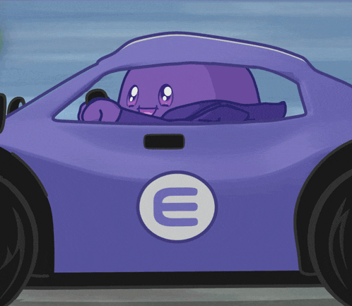a cartoon character is driving a purple car with the letter e on the side