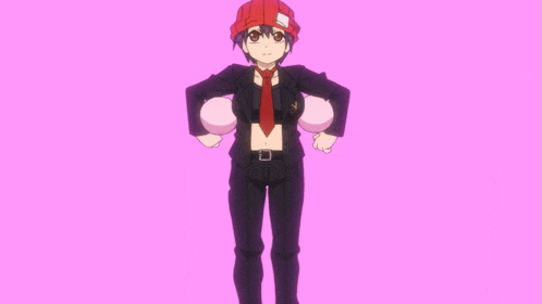a cartoon character with a red hat and a tie