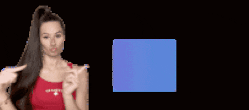 a woman in a red tank top is pointing to a blue button