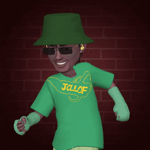a cartoon character is wearing a green shirt that says jcllof