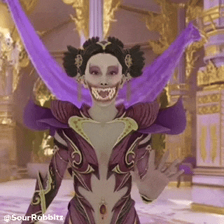 a woman in a purple and gold costume with a skull on her face is standing in a room .