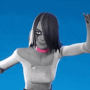 a woman with long black hair and a pink choker is standing in front of a blue background with her arms outstretched .