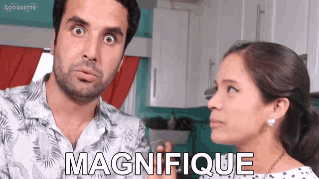 a man and a woman are looking at each other with the word magnifique in the foreground
