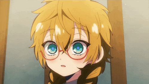 a close up of a anime character with glasses on