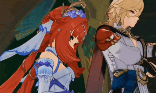 a girl with red hair and a boy with blonde hair are standing next to each other in a video game .